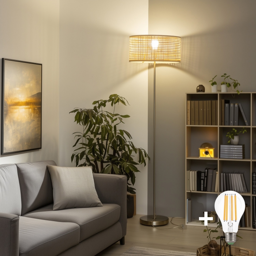 Brilagi - Lámpara de pie LED CERIA 1xE27/40W/230V Ø 40 cm bambú/cromo mate