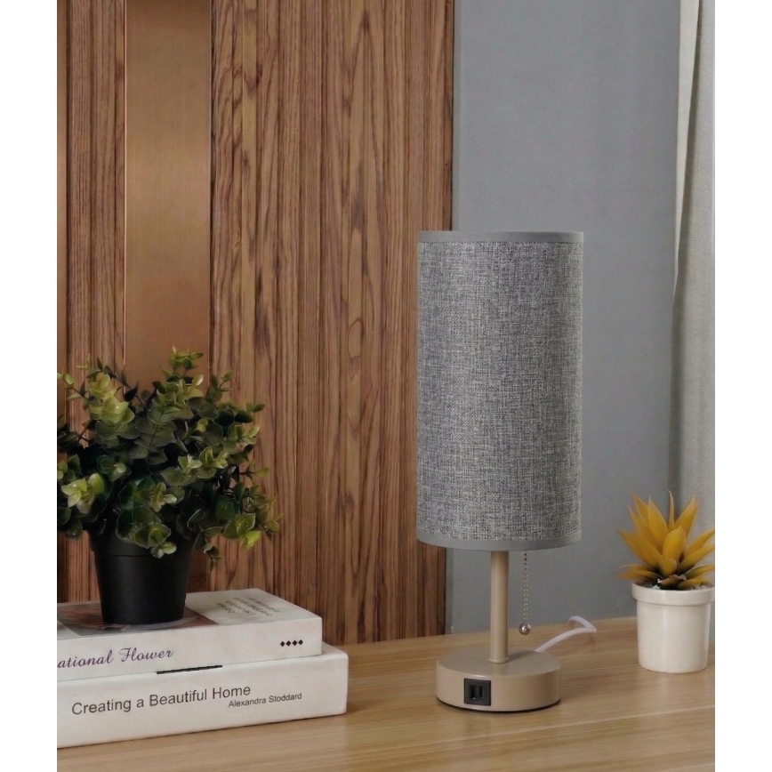 Brilagi - Lámpara de sobremesa con puerto USB TABLON 1xE27/25W/230V beige/gris