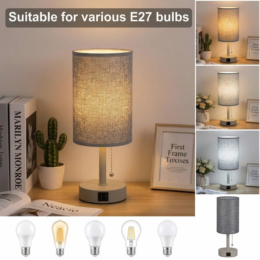 Brilagi - Lámpara de sobremesa con puerto USB TABLON 1xE27/25W/230V beige/gris