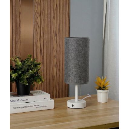 Brilagi - Lámpara de sobremesa con puerto USB TABLON 1xE27/25W/230V blanco/gris