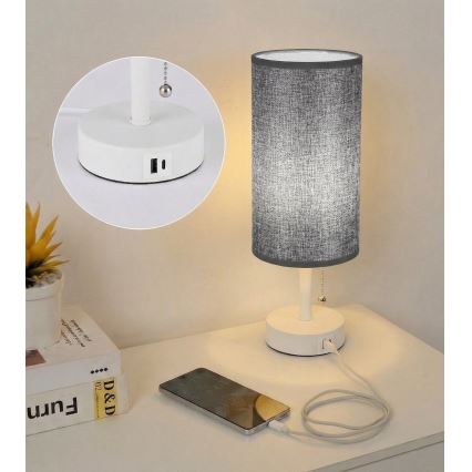 Brilagi - Lámpara de sobremesa con puerto USB TABLON 1xE27/25W/230V blanco/gris