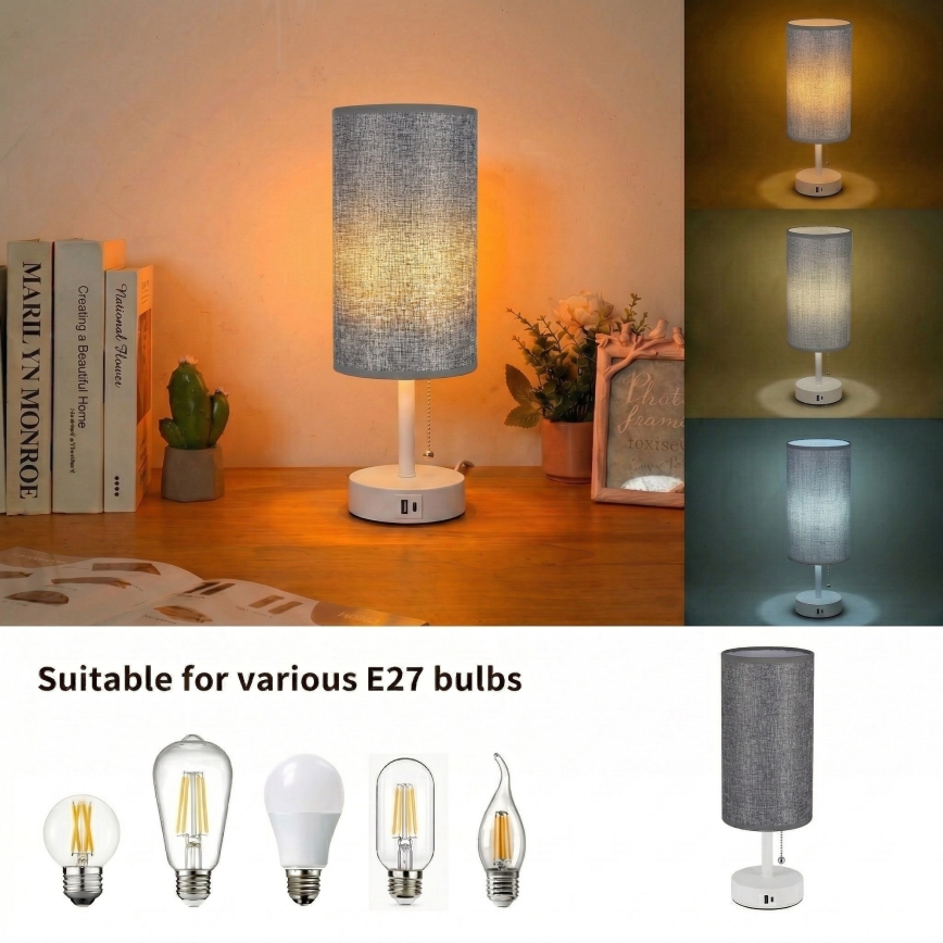 Brilagi - Lámpara de sobremesa con puerto USB TABLON 1xE27/25W/230V blanco/gris