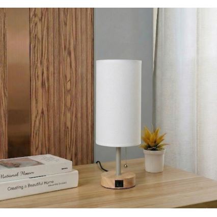 Brilagi - Lámpara de sobremesa con puerto USB TABLON 1xE27/25W/230V roble/beige/blanco