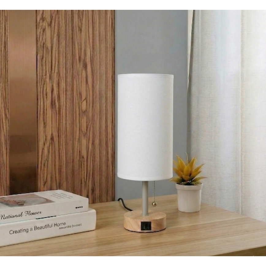 Brilagi - Lámpara de sobremesa con puerto USB TABLON 1xE27/25W/230V roble/beige/blanco