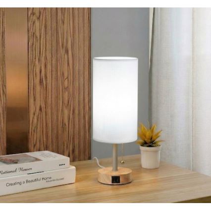 Brilagi - Lámpara de sobremesa con puerto USB TABLON 1xE27/25W/230V roble/beige/blanco