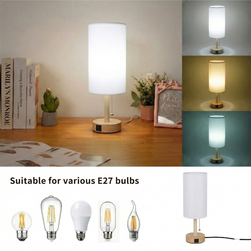 Brilagi - Lámpara de sobremesa con puerto USB TABLON 1xE27/25W/230V roble/beige/blanco