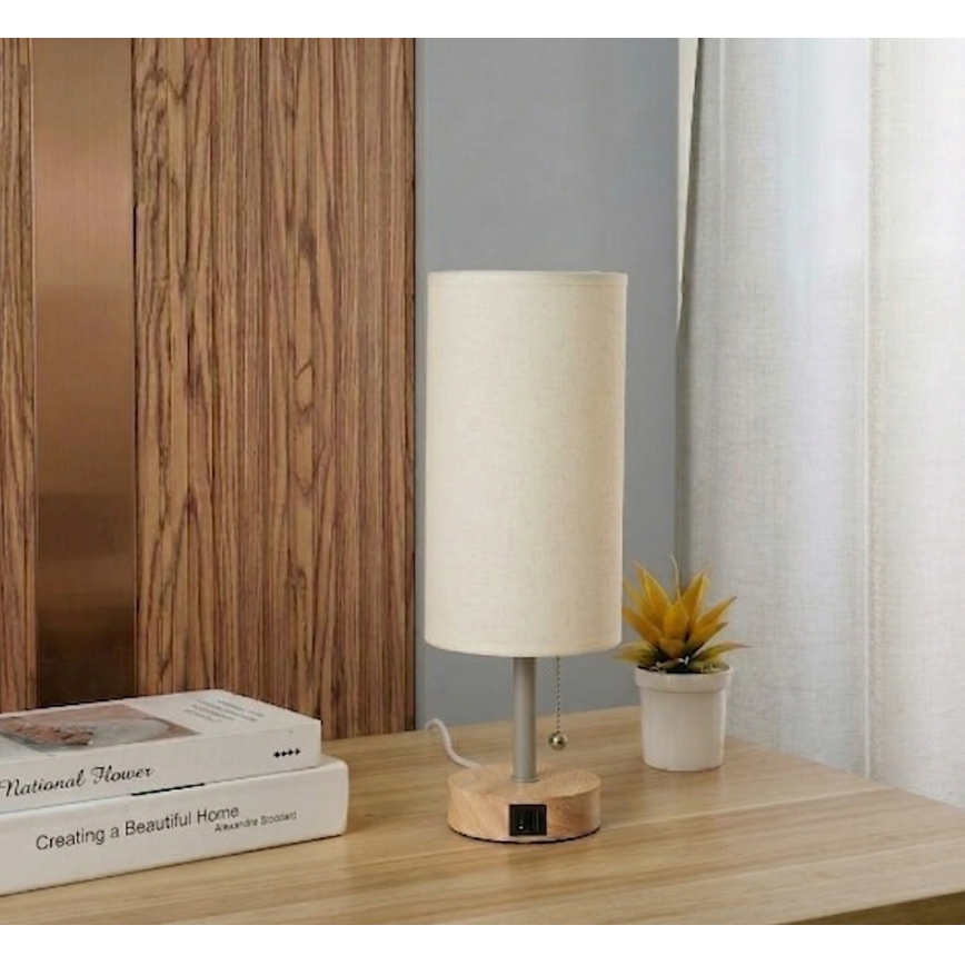 Brilagi - Lámpara de sobremesa con puerto USB TABLON 1xE27/25W/230V roble/beige/crema