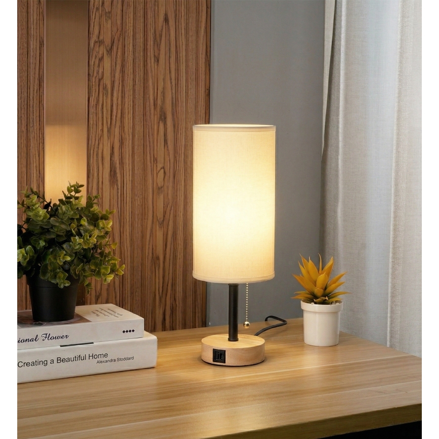 Brilagi - Lámpara de sobremesa con puerto USB TABLON 1xE27/25W/230V roble/negro/blanco