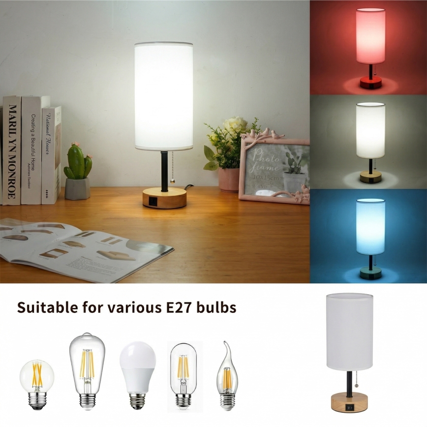 Brilagi - Lámpara de sobremesa con puerto USB TABLON 1xE27/25W/230V roble/negro/blanco