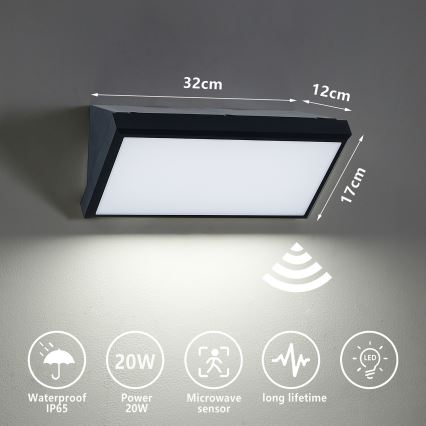 Brilagi - Lámpara de pared LED exterior con sensor TRIANGLE LED/20W/230V negro IP65