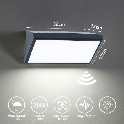 Brilagi - Lámpara de pared LED exterior con sensor TRIANGLE LED/20W/230V antracita IP65