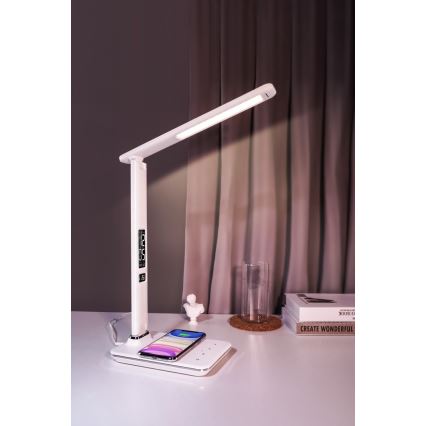 Brilagi - Lámpara de mesa LED regulable con cargador inalámbrico QI y USB REGINA LED/8,5W/230V blanco