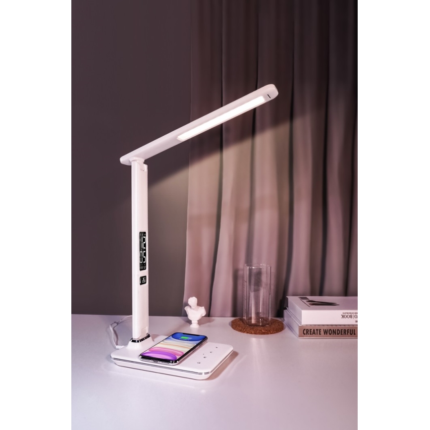 Brilagi - Lámpara de mesa LED regulable con cargador inalámbrico QI y USB REGINA LED/8,5W/230V blanco