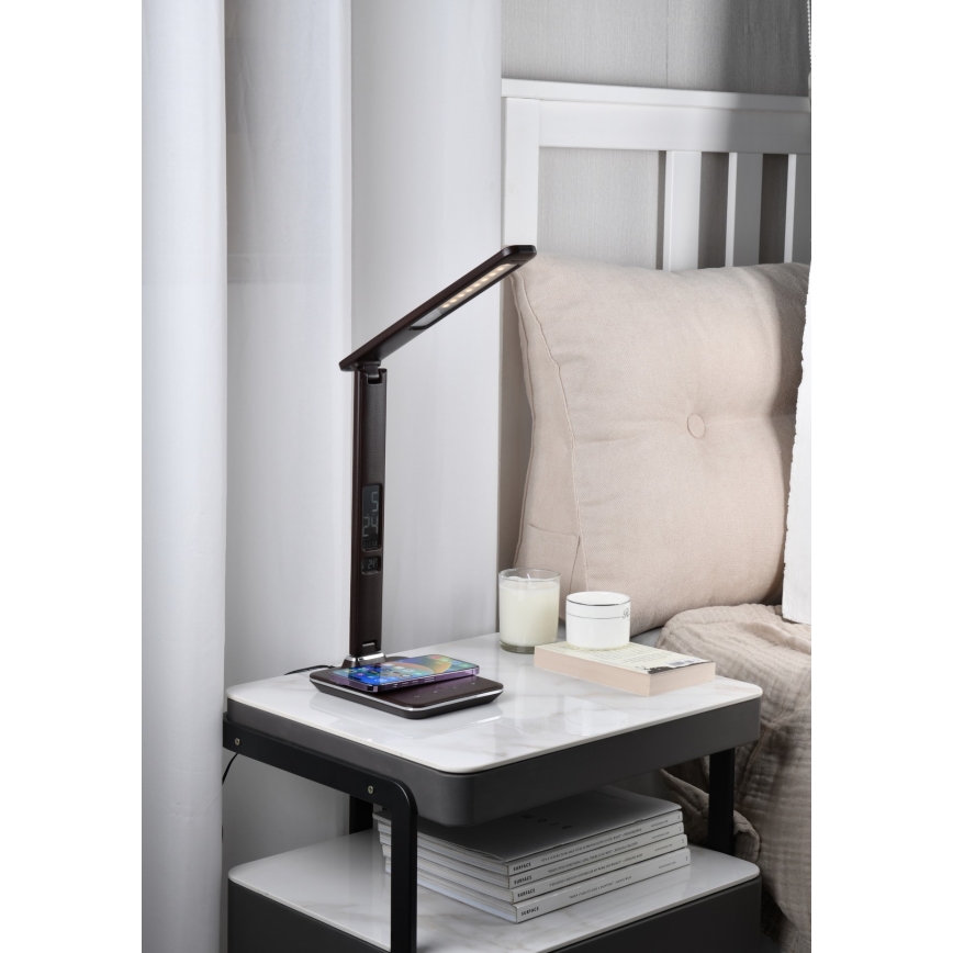 Brilagi - Lámpara de mesa LED regulable con cargador inalámbrico QI y USB REGINA LED/8,5W/230V marrón