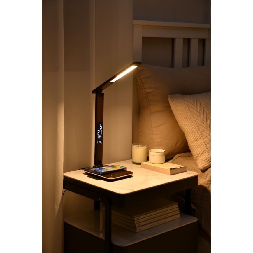Brilagi - Lámpara de mesa LED regulable con cargador inalámbrico QI y USB REGINA LED/8,5W/230V marrón
