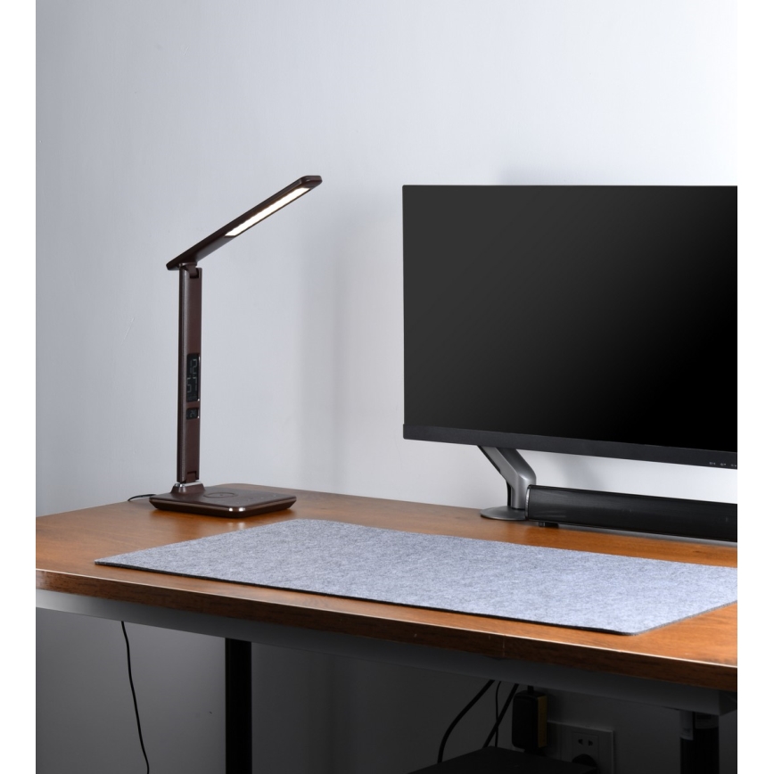 Brilagi - Lámpara de mesa LED regulable con cargador inalámbrico QI y USB REGINA LED/8,5W/230V marrón