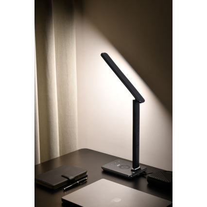 Brilagi - Lámpara de mesa LED regulable con cargador inalámbrico QI y USB REGINA LED/8,5W/230V negro