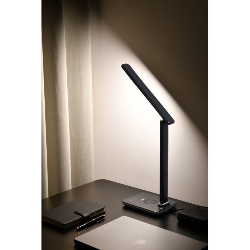 Brilagi - Lámpara de mesa LED regulable con cargador inalámbrico QI y USB REGINA LED/8,5W/230V negro