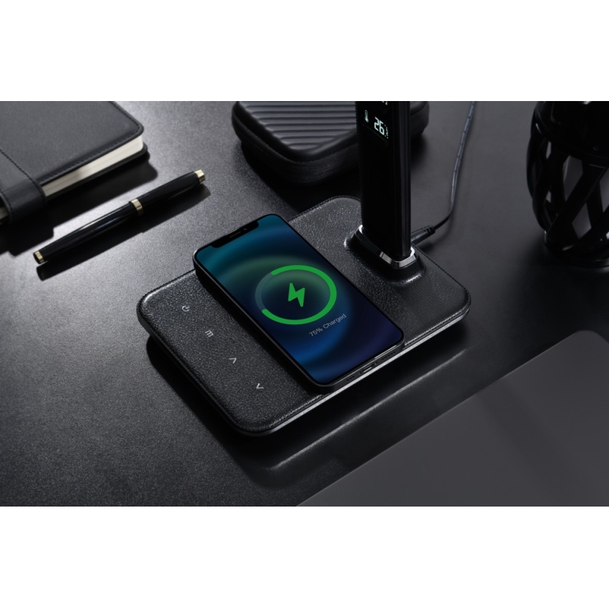Brilagi - Lámpara de mesa LED regulable con cargador inalámbrico QI y USB REGINA LED/8,5W/230V negro