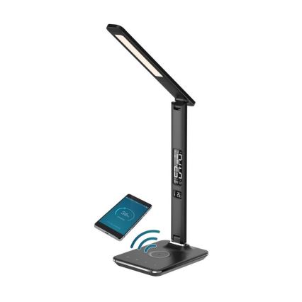 Brilagi - Lámpara de mesa LED regulable con cargador inalámbrico QI y USB REGINA LED/8,5W/230V negro