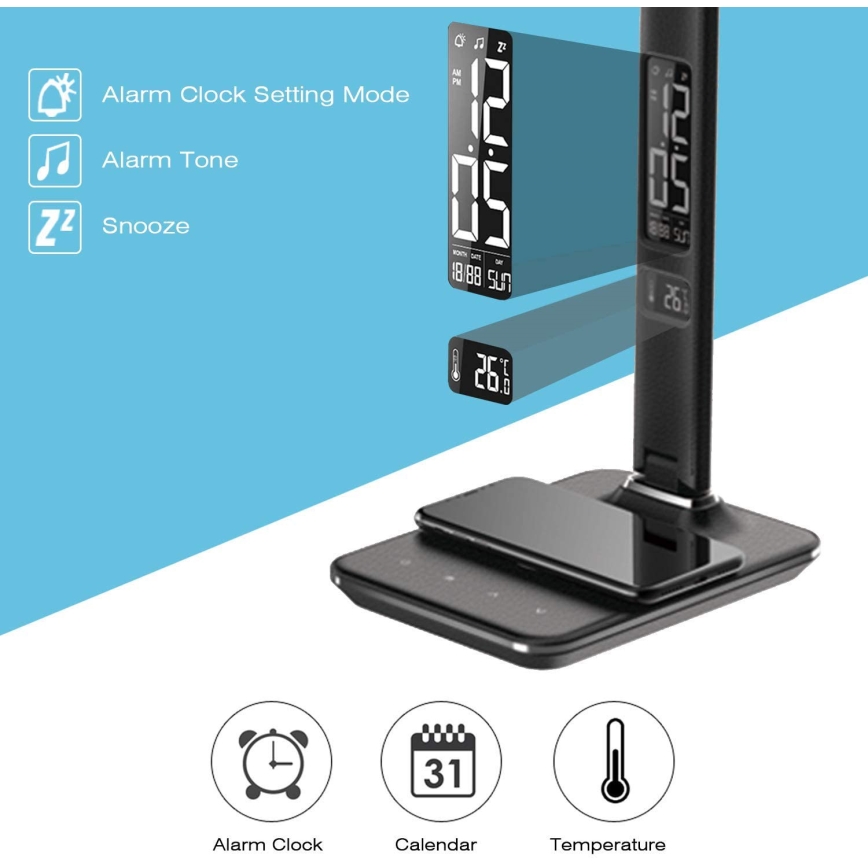 Brilagi - Lámpara de mesa LED regulable con cargador inalámbrico QI y USB REGINA LED/8,5W/230V negro