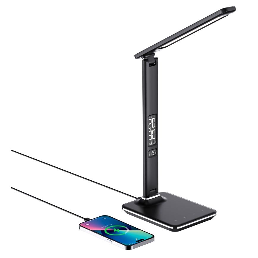 Brilagi - Lámpara de mesa LED regulable con cargador inalámbrico QI y USB REGINA LED/8,5W/230V negro