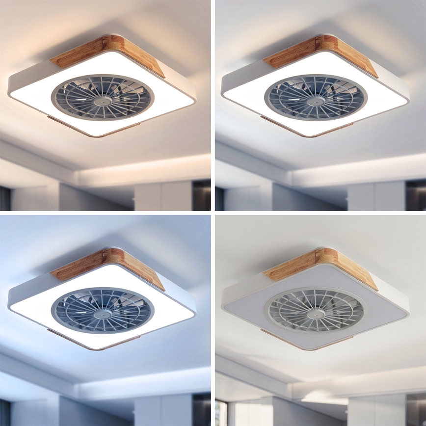 Brilagi - Lámpara de techo LED regulable con ventilador LED/38W/230V 3000-6500K 50x50 cm blanco/roble + mando a distancia
