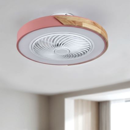 Brilagi - Lámpara de techo LED regulable con ventilador, 38 W, 230 V, 3000–6500 K, Ø 50 cm, rosa/roble + mando a distancia