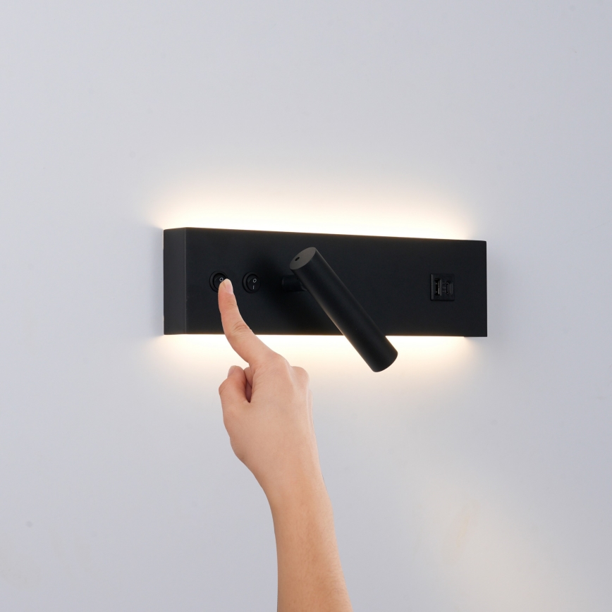 Brilagi - Aplique LED de pared tipo spot con puerto USB NOCTIS LED/3W/230V + LED/9W negro
