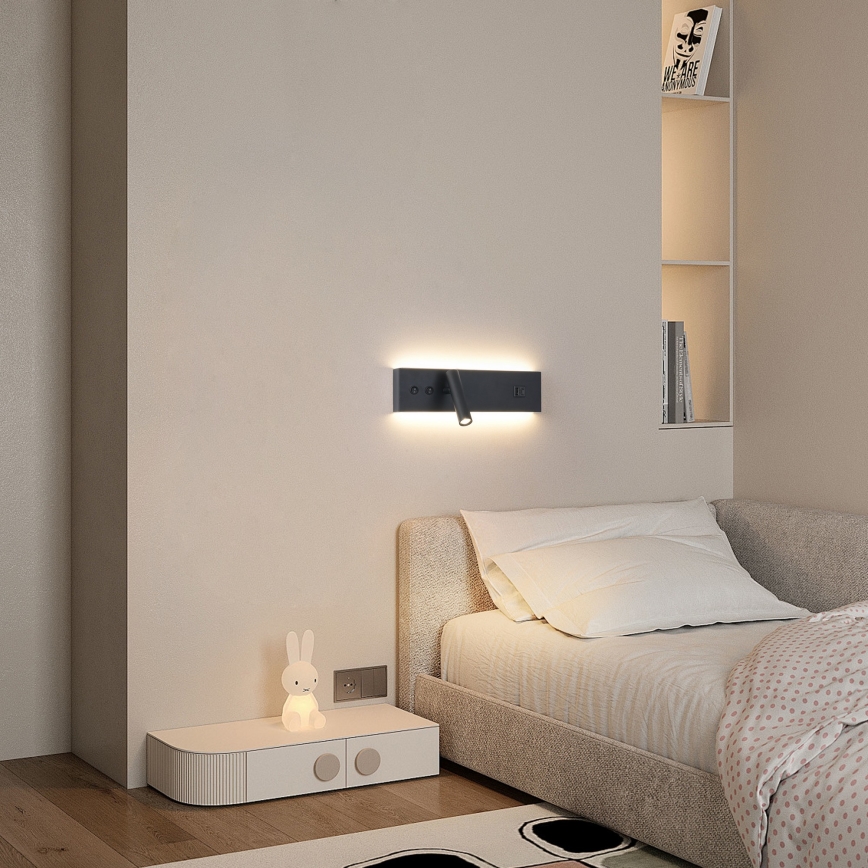 Brilagi - Aplique LED de pared tipo spot con puerto USB NOCTIS LED/3W/230V + LED/9W negro