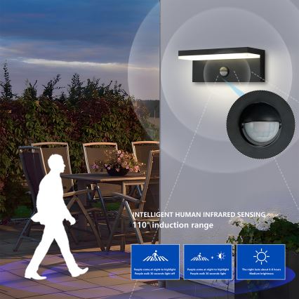 Brilagi - Aplique de pared LED para exterior con sensor TESSI LED/10W/230V negro IP54