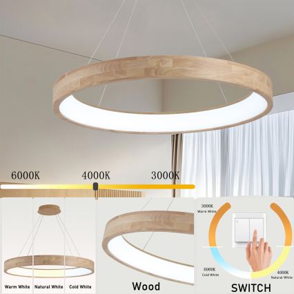 Brilagi - Lámpara colgante LED con cable FALCON WOOD LED/60W/230V 3000/4000/6000K Ø 80 cm madera