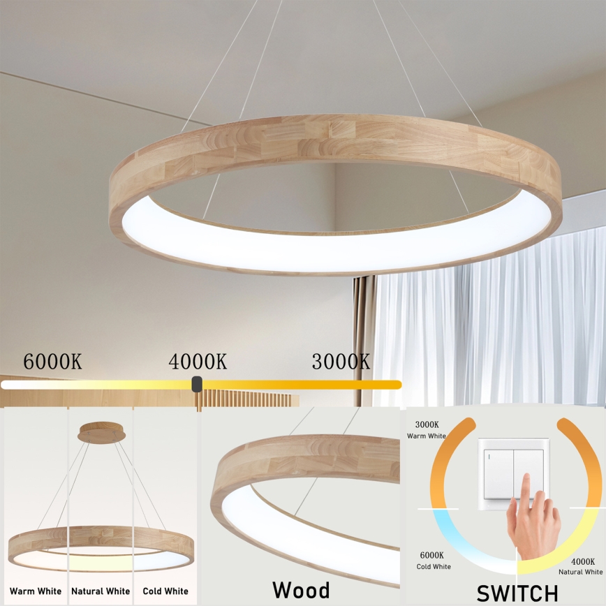 Brilagi - Lámpara colgante LED con cable FALCON WOOD LED/60W/230V 3000/4000/6000K Ø 80 cm madera