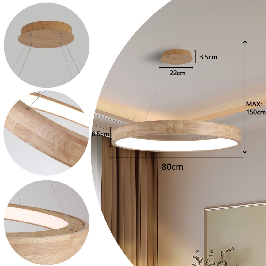 Brilagi - Lámpara colgante LED con cable FALCON WOOD LED/60W/230V 3000/4000/6000K Ø 80 cm madera