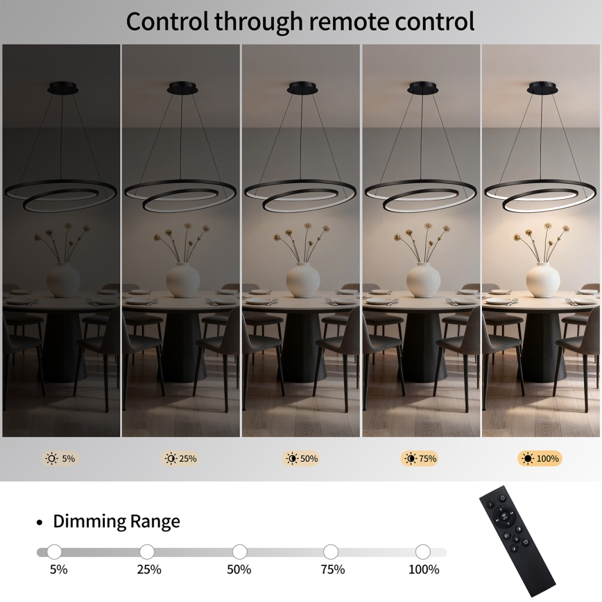 Brilagi - Lámpara colgante LED regulable con cable TWISTER LED 105 W, 230 V, 3000–6000 K, diámetro 100 cm, negra + mando a distancia