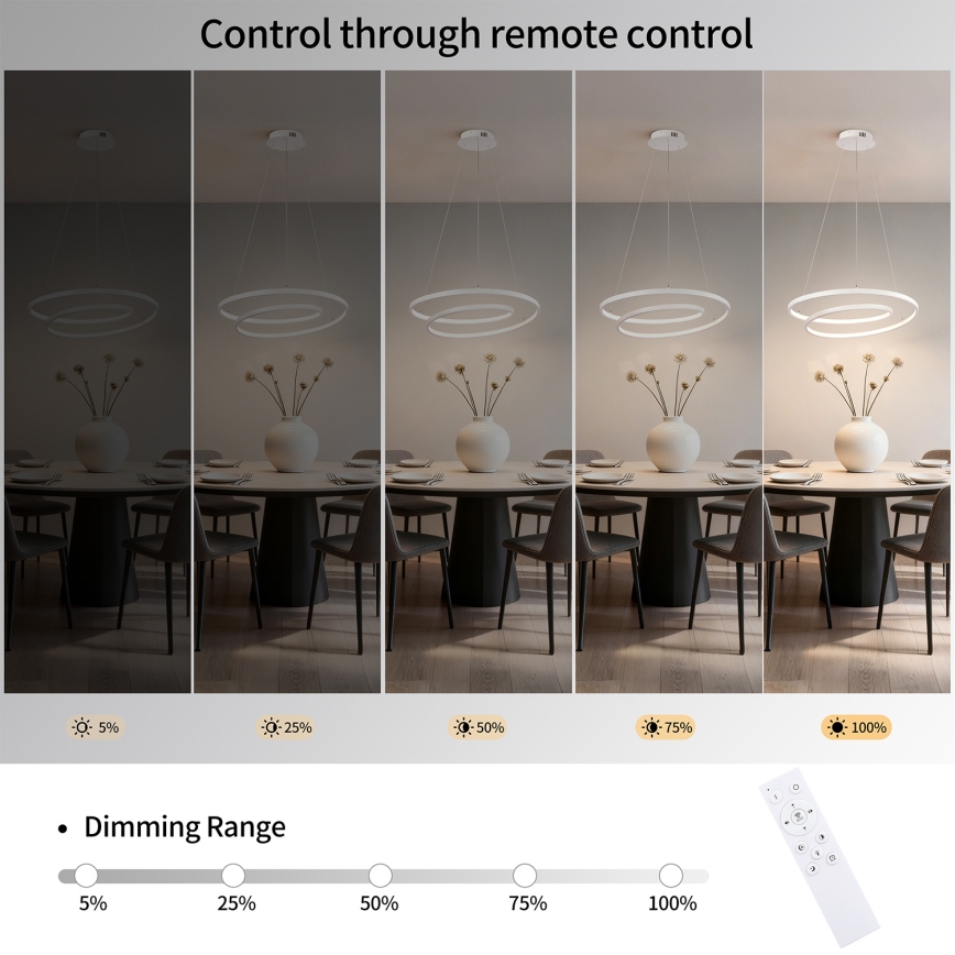 Brilagi - Lámpara colgante LED regulable TWISTER con cable de suspensión, 48 W, 230 V, 3000–6000 K, Ø 50 cm, blanca + mando a distancia