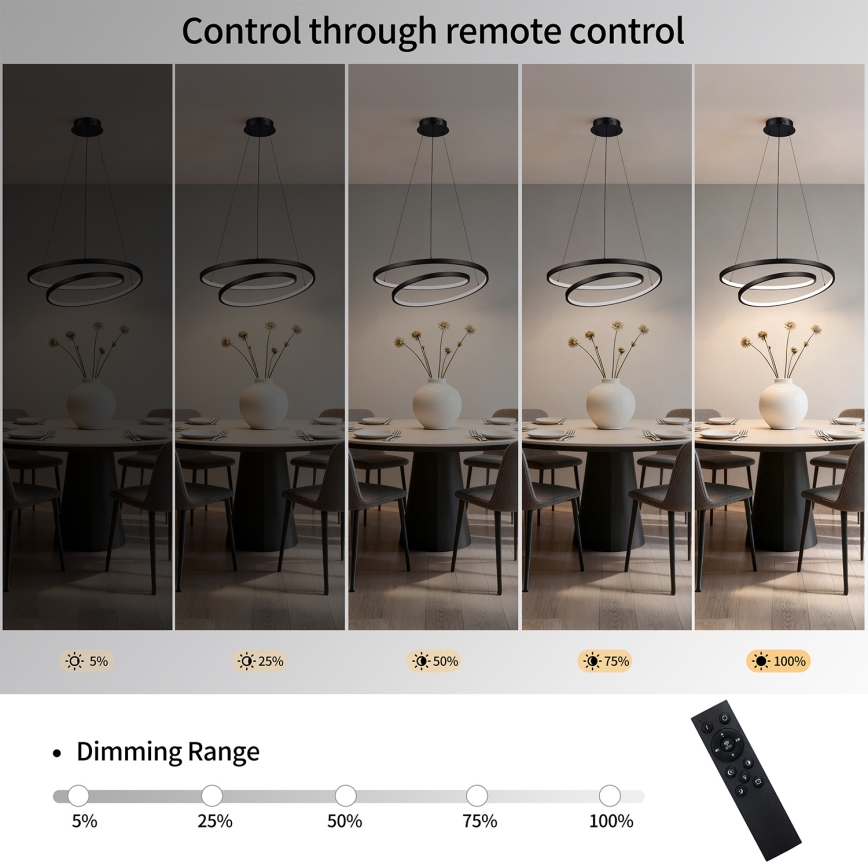Brilagi - Lámpara colgante LED regulable suspendida por cable TWISTER LED/48W/230V 3000-6000K Ø 50 cm negra + control remoto