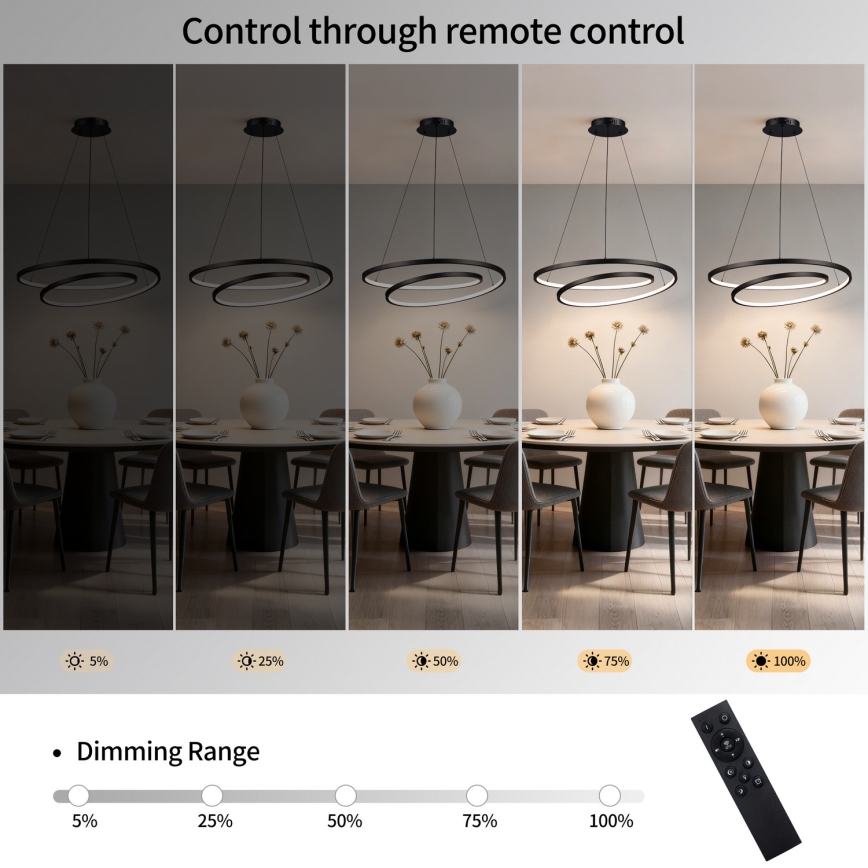 Brilagi - Lámpara colgante LED regulable en cable TWISTER LED/75W/230V 3000-6000K Ø 70 cm negra + mando a distancia