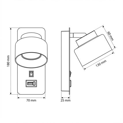 Brilagi - LED Lámpara de pared con puerto USB AURA LUX 1xGX53/30W/230V negra/ahumada