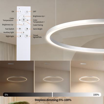 Brilagi - Lámpara colgante LED regulable con cable PORTOFINO LED/60W/230V 3000-6000K Ø 80 cm plateada + mando a distancia