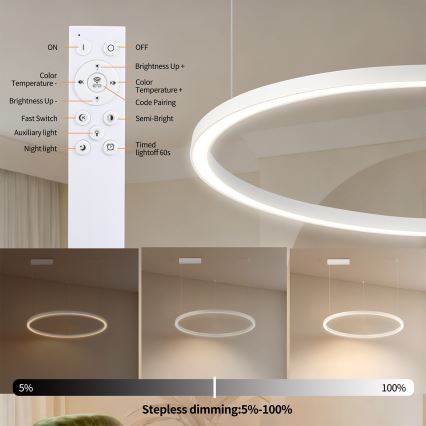 Brilagi - Lámpara colgante LED regulable en cable PORTOFINO LED/60W/230V 3000-6000K Ø 80 cm blanca + mando a distancia