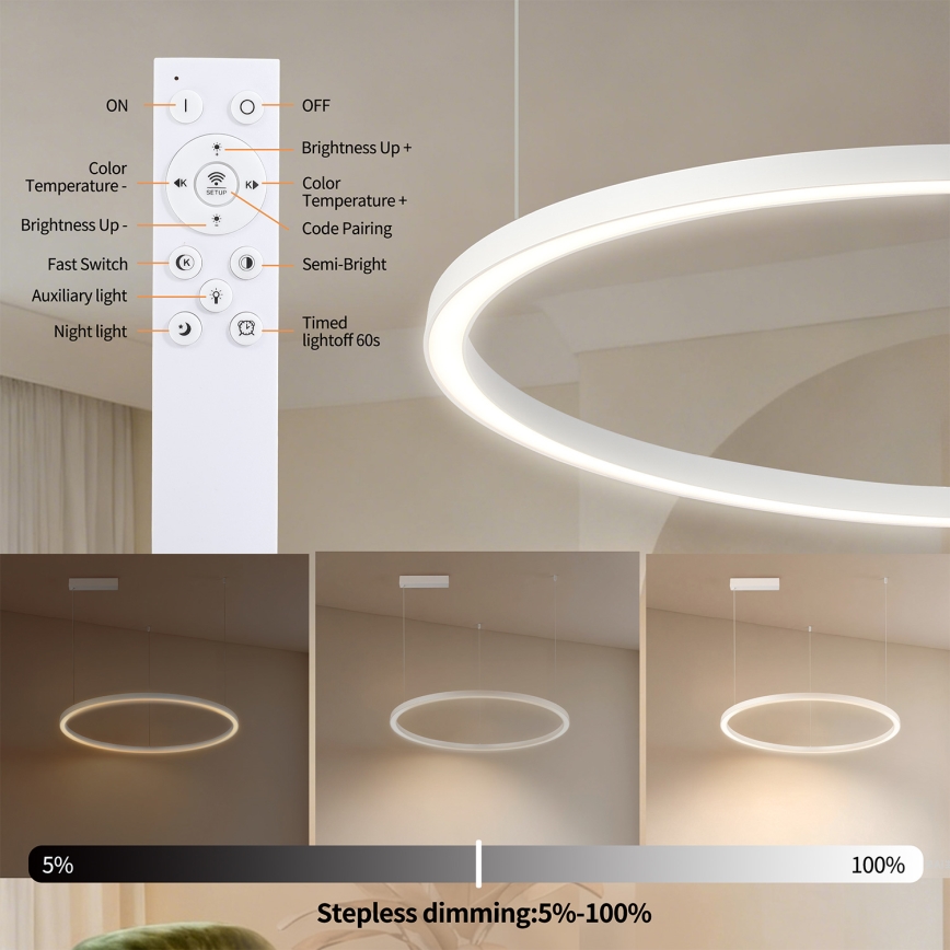 Brilagi - Lámpara colgante LED regulable en cable PORTOFINO LED/60W/230V 3000-6000K Ø 80 cm blanca + mando a distancia