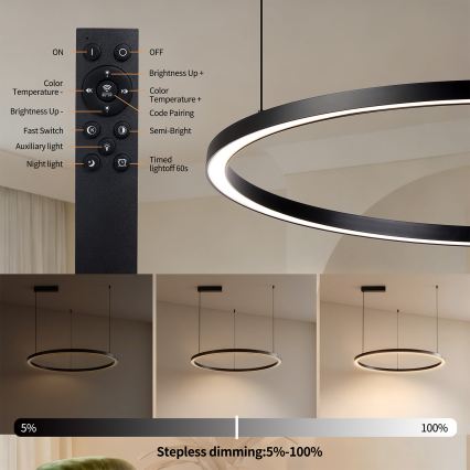 Brilagi - Lámpara colgante LED regulable PORTOFINO con cable, 60 W, 230 V, 3000–6000 K, diámetro 80 cm, negra + control remoto