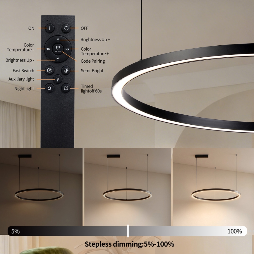 Brilagi - Lámpara colgante LED regulable PORTOFINO con cable, 60 W, 230 V, 3000–6000 K, diámetro 80 cm, negra + control remoto