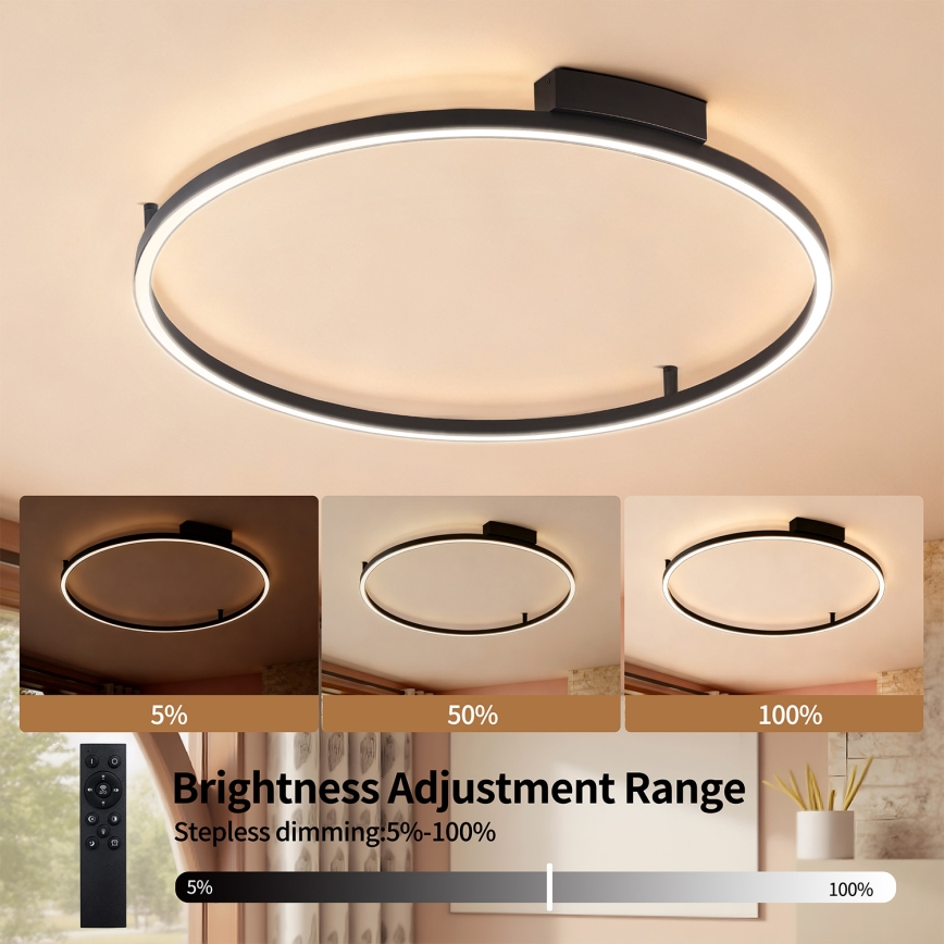 Brilagi - Luminaria de techo LED regulable PORTOFINO LED, 60 W, 230 V, 3000–6000 K, Ø 80 cm, negra, con mando a distancia