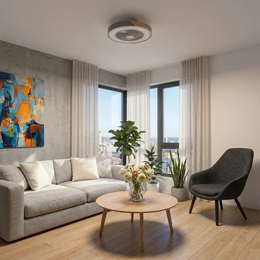 Brilagi - Lámpara de techo LED regulable con ventilador LED/38W/230V 3000-6500K diámetro 50 cm gris/roble + mando a distancia