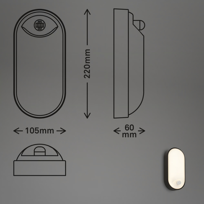 Brilo - Aplique LED exterior con sensor de movimiento y sensor crepuscular RUCH LED/12W/230V IP65 negro