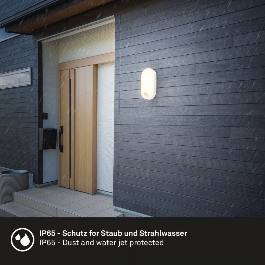 Brilo - Aplique de pared LED para exterior con sensor de movimiento y sensor crepuscular RUCH LED/12W/230V IP65 blanco