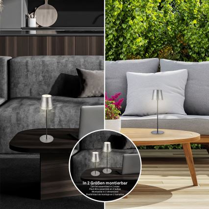 Brilo - Lámpara de mesa exterior LED táctil recargable y regulable KIKI LED/2,6W/5V IP44 2600 mAh plateada