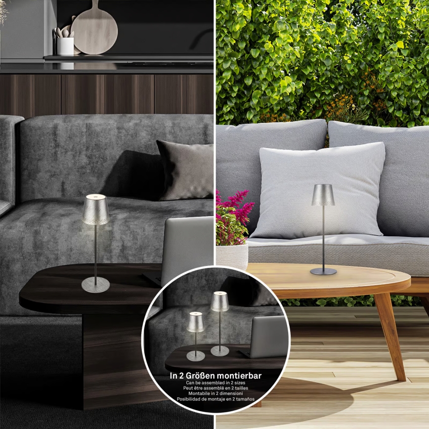 Brilo - Lámpara de mesa exterior LED táctil recargable y regulable KIKI LED/2,6W/5V IP44 2600 mAh plateada